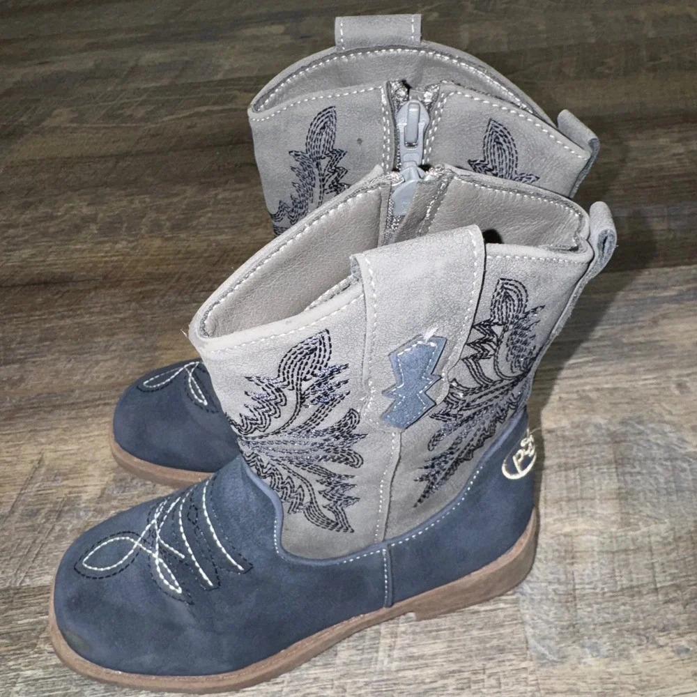 Pawz Kids Size 13 Cowboy Boots Navy Gray Western Embroidered Boys Girls Zip